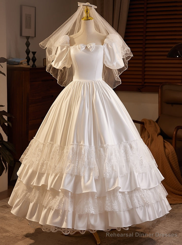 White Satin Square Puff Sleeve Vintage Wedding Dress Main image