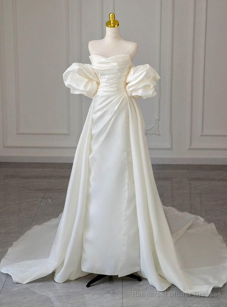White Satin Strapless Puff Sleeve Pleats Wedding Dress Main image