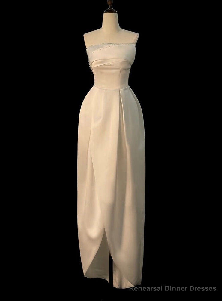 White Satin Strapless Tea Length Wedding Dress Main image