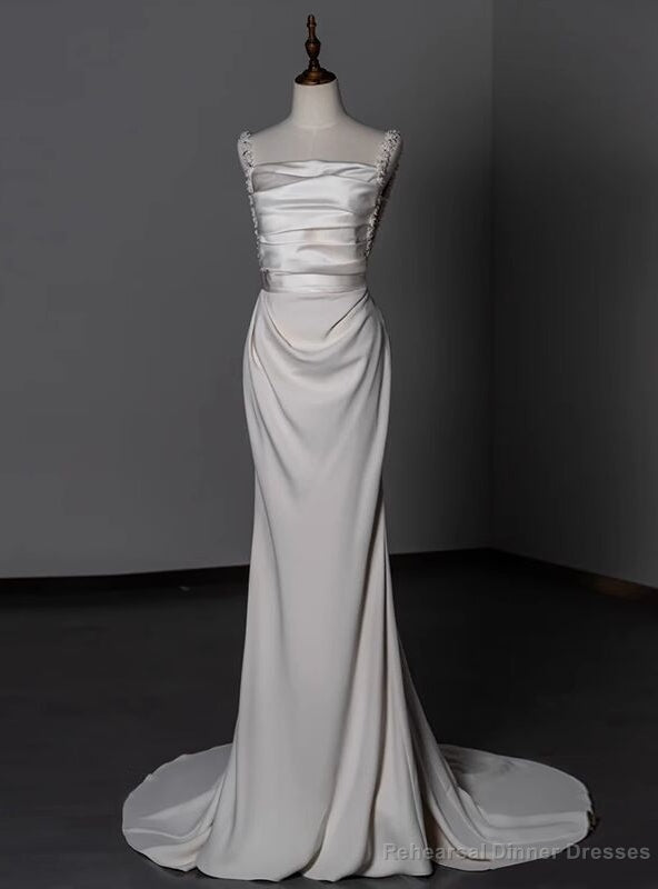 White Satin Straps Beading Wedding Dress Main image