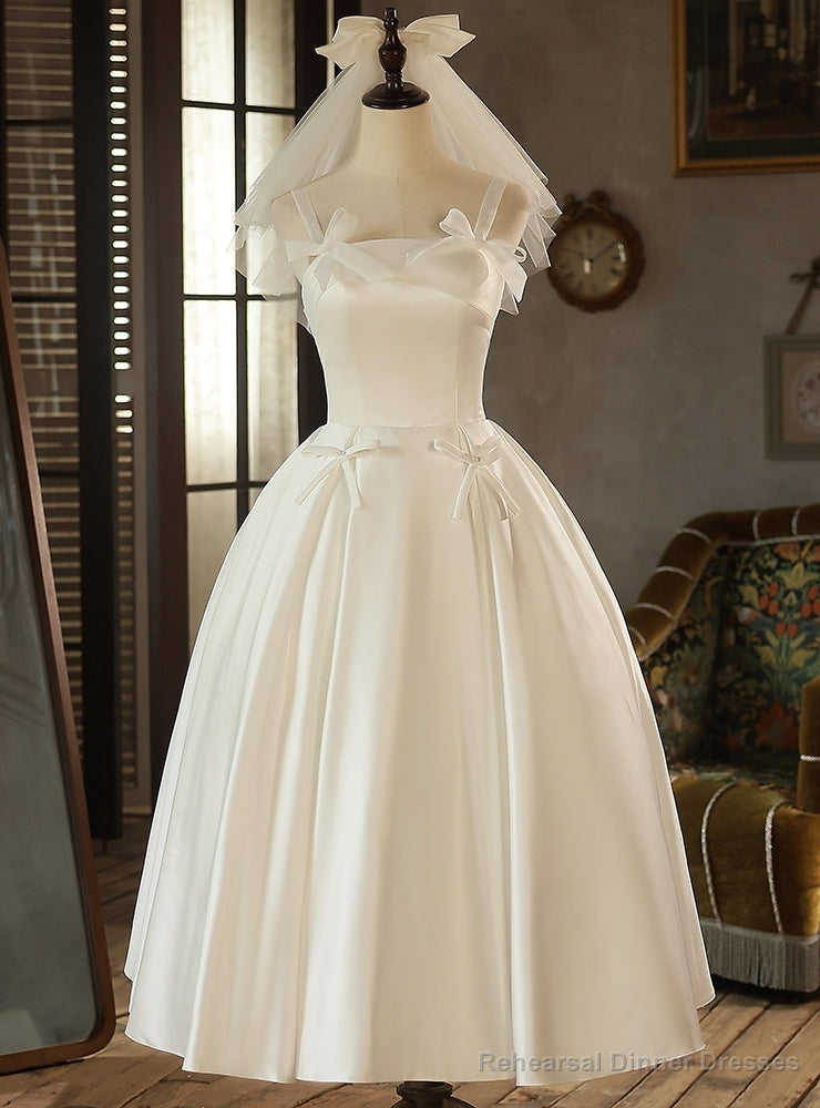 White Satin Straps Bow Short Wedding Dress Main image