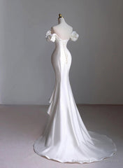 White Satin Sweetheart Beaded Wedding Party Dress, White Satin High Low Formal Dress