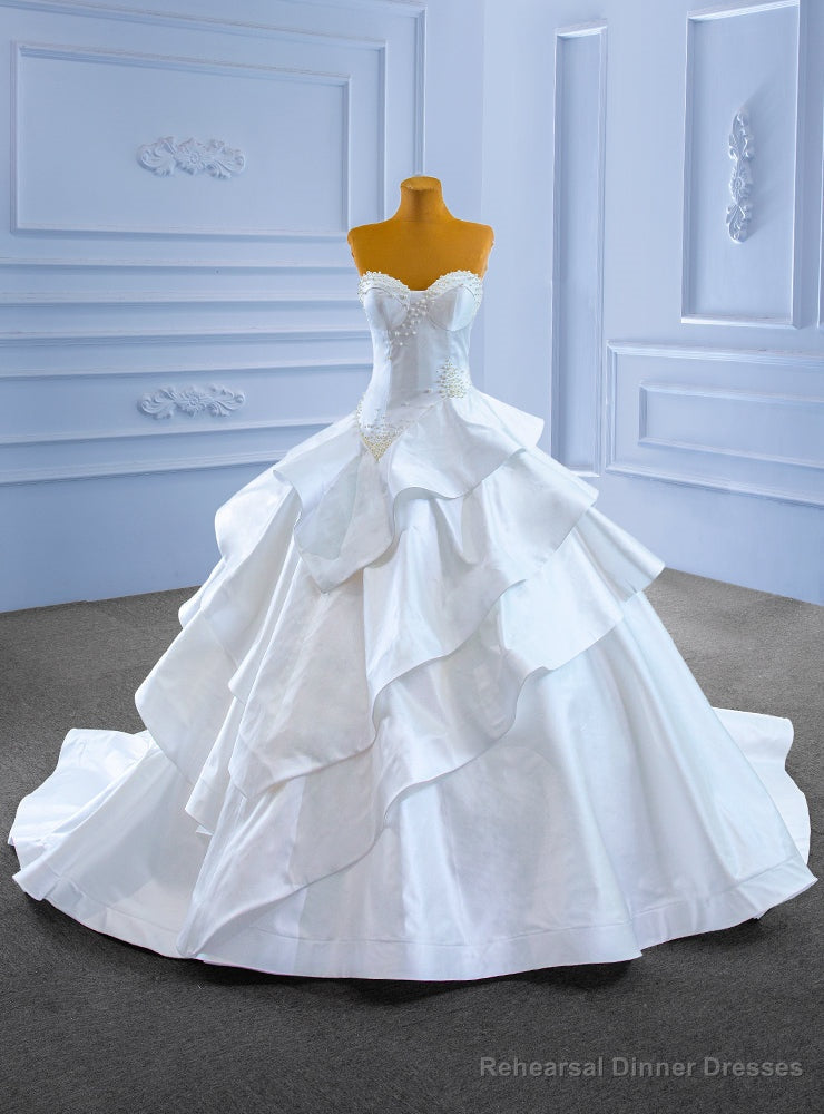 White Satin Tiers Sweetheart Pearls Wedding Dress Main image