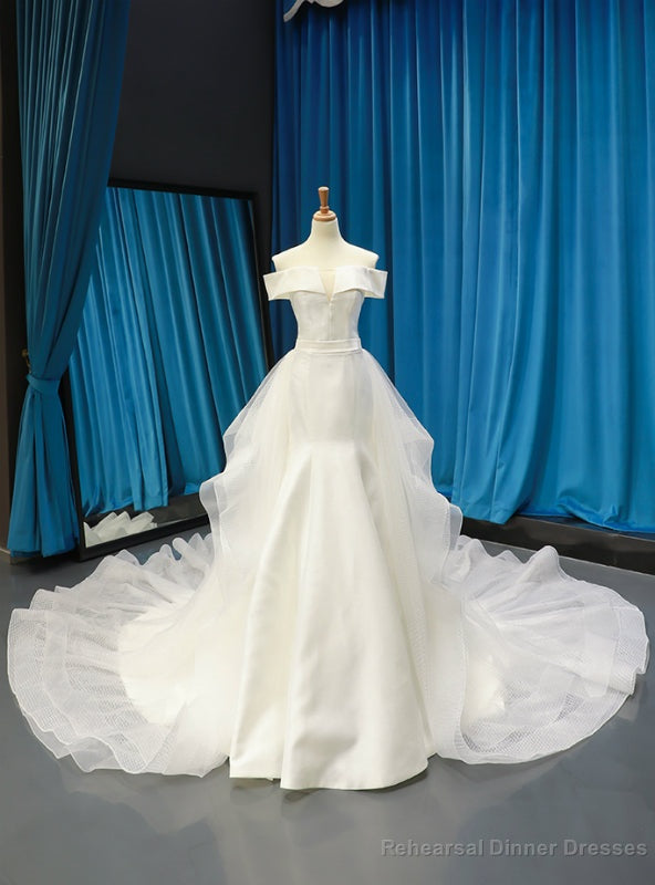 White Satin Tulle Off the Shoulder Wedding Dress With Long Train Main image