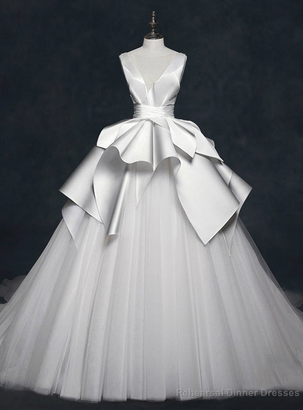White Satin Tulle See Through Neck Backless Wedding Dress Main image
