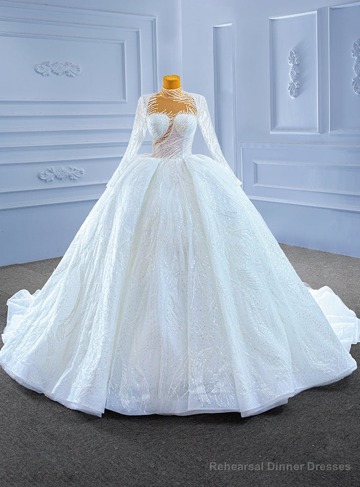 White Sequins Long Sleeve High Neck Wedding Dress Main image