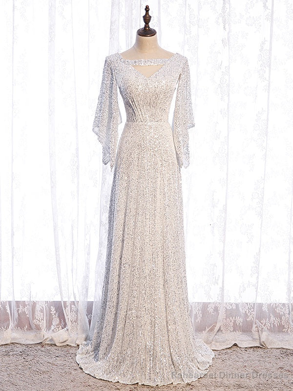 White Sequins Long Sleeve V-neck Prom Dress Main image
