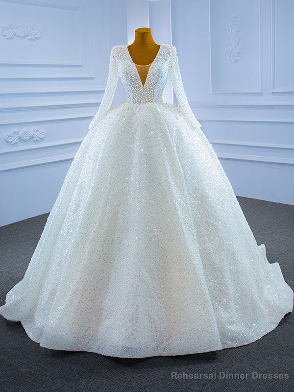 White Sequins V-neck Long Sleeve Pearls Wedding Dress Main image