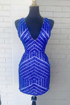 White Sequins V-Neck Tight Homecoming Dress