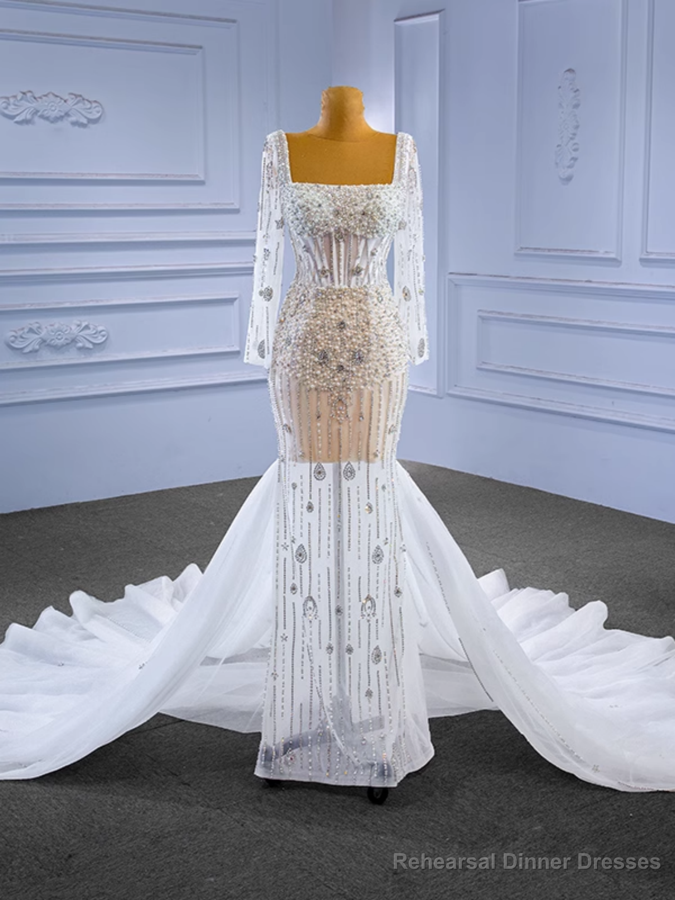 White Sheath Tulle Long Sleeve Beading Wedding Dress Main image
