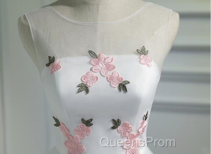 White Short Cute Graduation Party Dress , Lovely Evening Prom Dress , Formal Dress Tulle With Flowers
