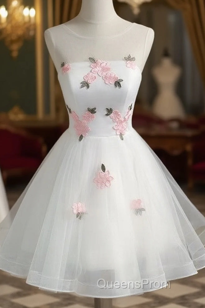 White Short Cute Graduation Party Dress , Lovely Evening Prom Dress , Formal Dress Tulle With Flowers Main image