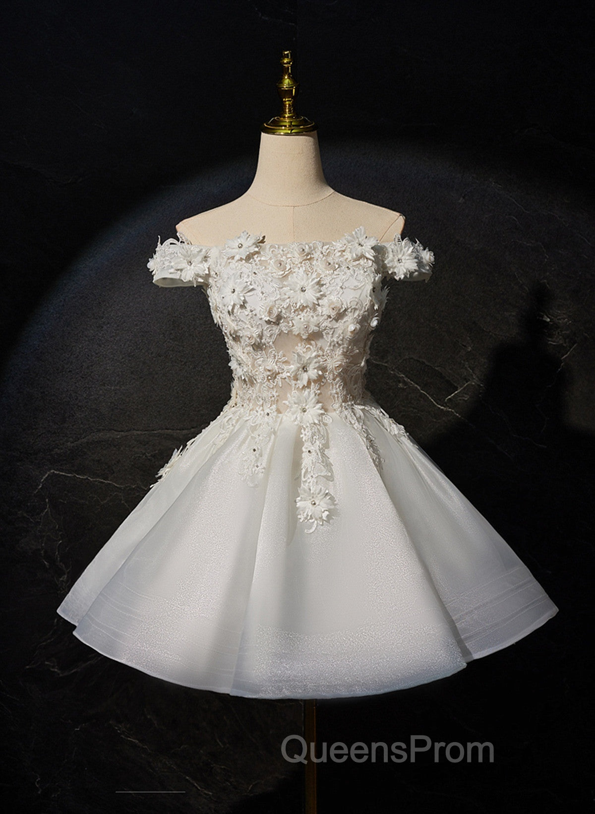 White Short Flowers Lace Short Party Dress, White Graduation Dress Evening Prom Dress