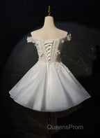 White Short Flowers Lace Short Party Dress, White Graduation Dress Evening Prom Dress