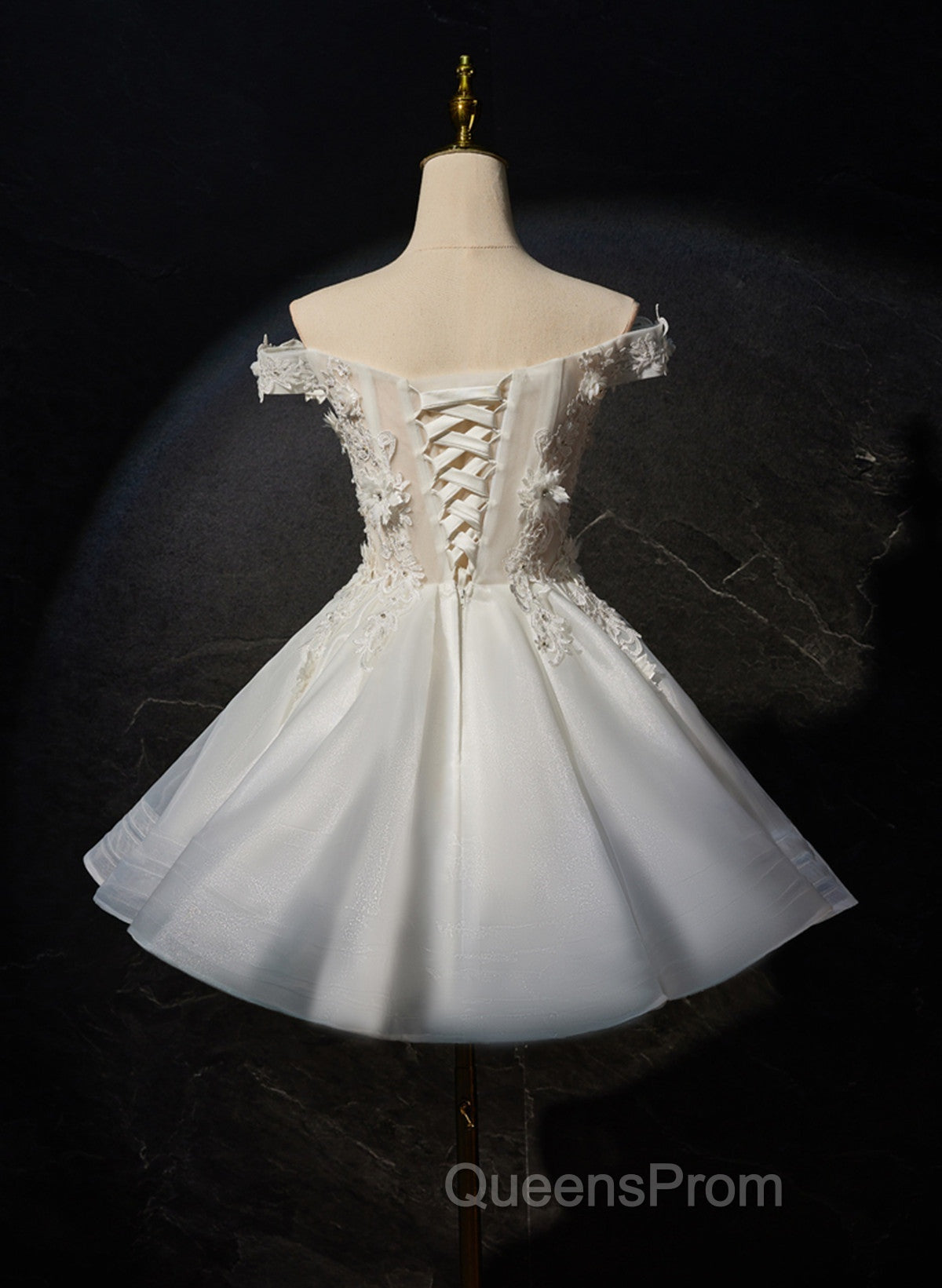 White Short Flowers Lace Short Party Dress, White Graduation Dress Evening Prom Dress