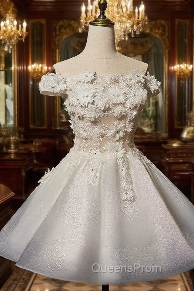 White Short Flowers Lace Short Party Dress, White Graduation Dress Evening Prom Dress Main image