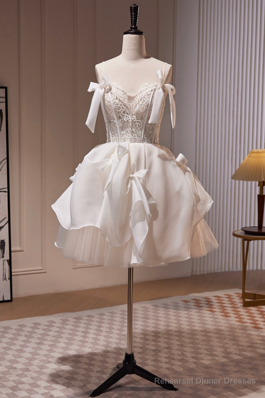 White Spaghetti Strap Lace Short Party Dress Main image