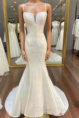 White Split Neck Trumpet Long Wedding Dress