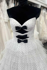 White Strapless Swiss Dot Layered Long Evening Prom Dress