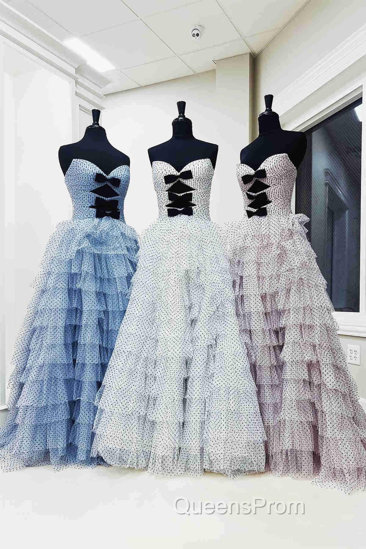White Strapless Swiss Dot Layered Long Evening Prom Dress
