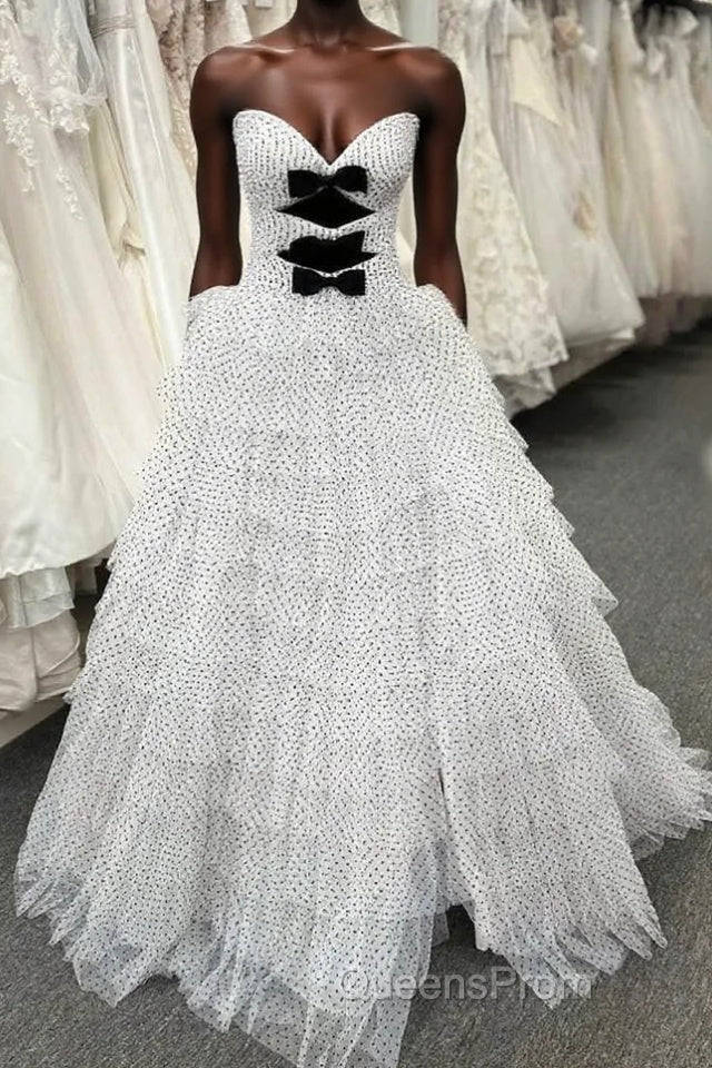 White Strapless Swiss Dot Layered Long Evening Prom Dress Main image
