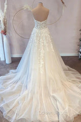 White Sweetheart A-Line Wedding Dress Tulle Lace Bridal Dress With Sweep Train Off Shoulder Elegant