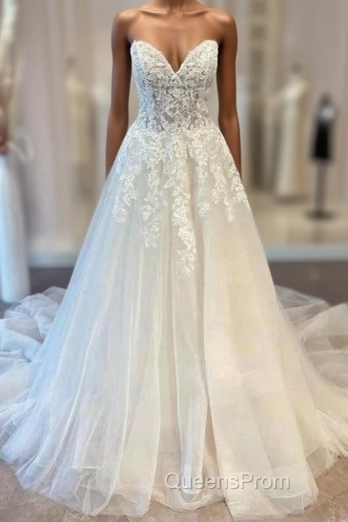 White Sweetheart A-Line Wedding Dress Tulle Lace Bridal Dress With Sweep Train Off Shoulder Elegant Main image