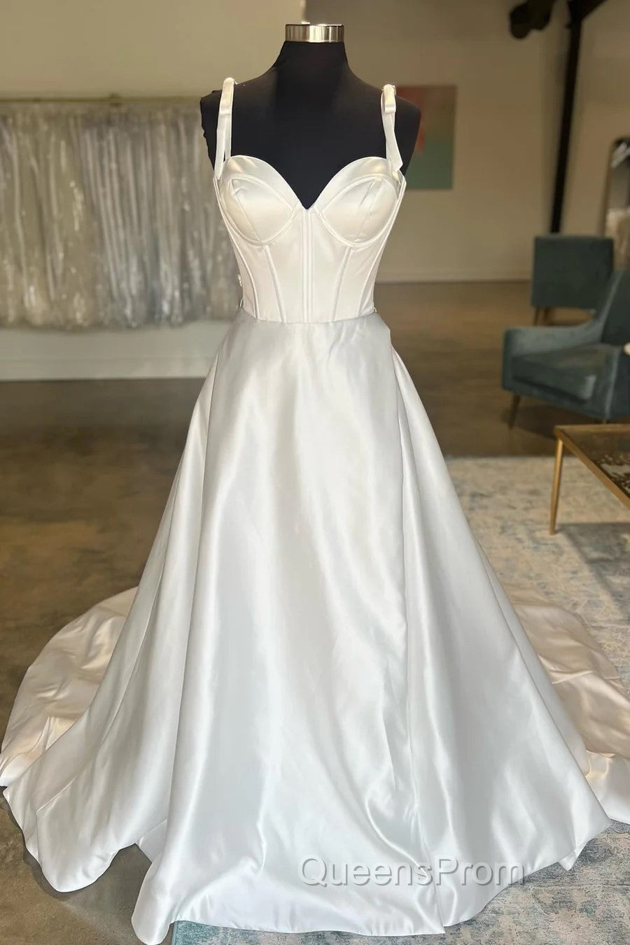 White Sweetheart Bow-Strap A-Line Long Modest Wedding Dress