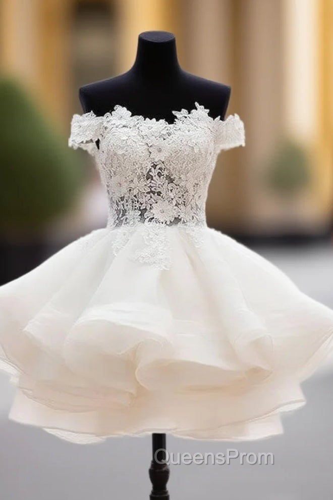 White Sweetheart Lace Applique Short Evening Prom Dress, Cute White Homecoming Dress Main image
