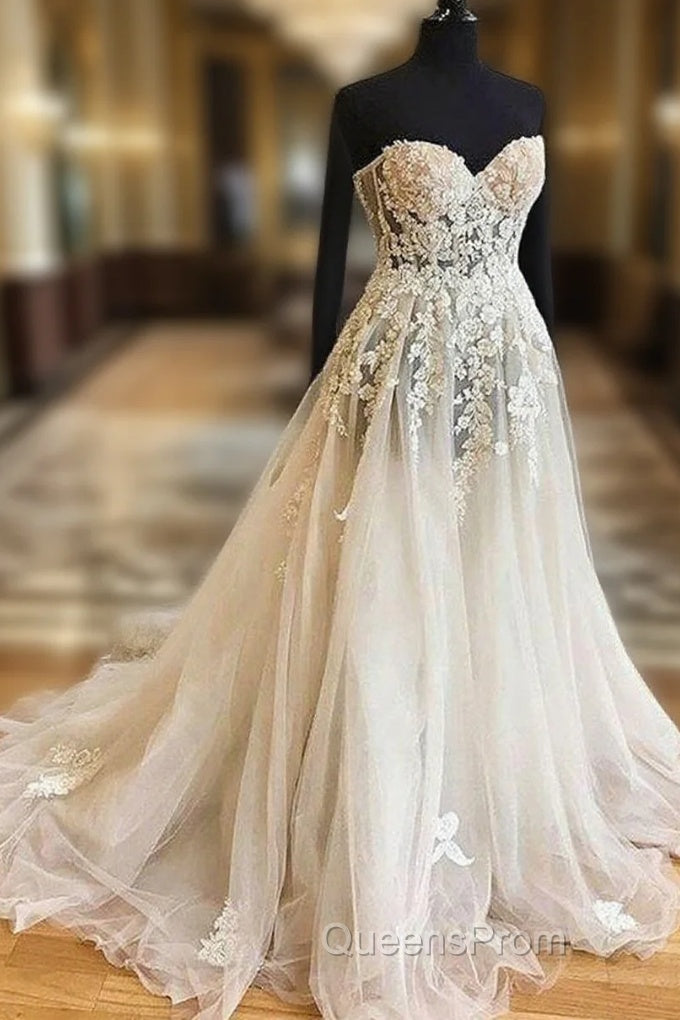 White Sweetheart Lace Applique Tulle Wedding Dress, Lace Wedding Gown, Lace Bridal Evening Prom Dress
