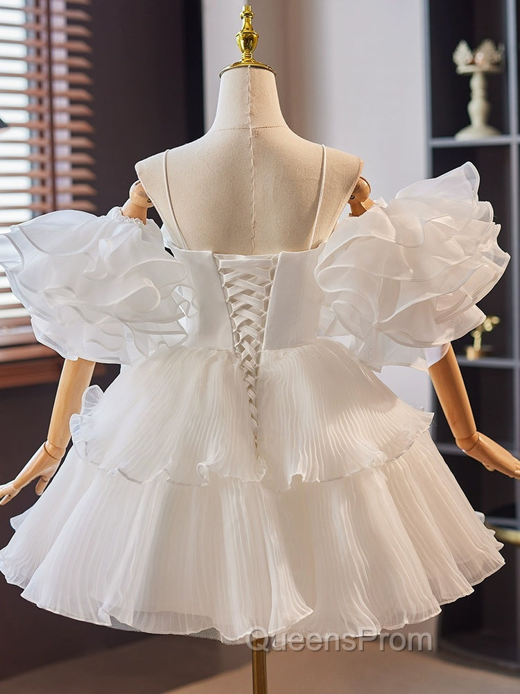 White Sweetheart Neck Organza Short Evening Prom Dress, White Homecoming Dress