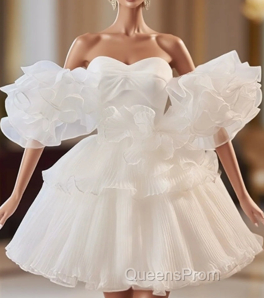 White Sweetheart Neck Organza Short Evening Prom Dress, White Homecoming Dress Main image