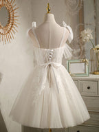 White Sweetheart Neck Tulle Lace Short Classy Prom Dress, White Tulle Classy Dress