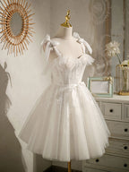 White Sweetheart Neck Tulle Lace Short Classy Prom Dress, White Tulle Classy Dress