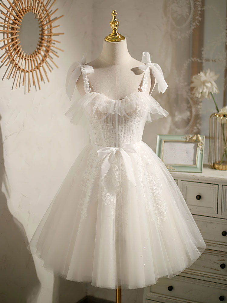 White Sweetheart Neck Tulle Lace Short Classy Prom Dress, White Tulle Classy Dress Main image
