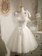 White Sweetheart Neck Tulle Lace Short Classy Prom Dress, White Tulle Classy Dress