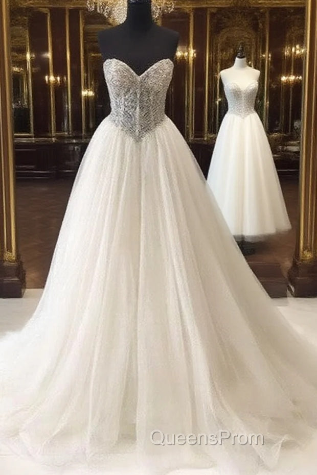 White Sweetheart Sequin Long Evening Prom Dress, White Evening Dress Main image