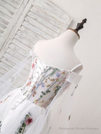 White Sweetheart Tulle Applique Long Prom Dress, White Evening Dress