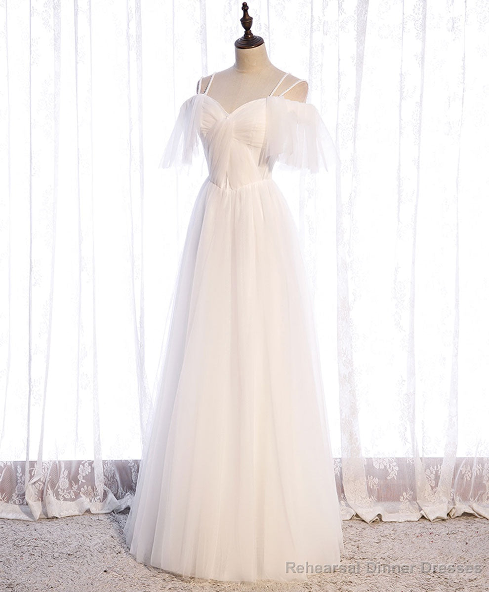 White Sweetheart Tulle Long Prom Dress, White Bridesmaid Dress Main image
