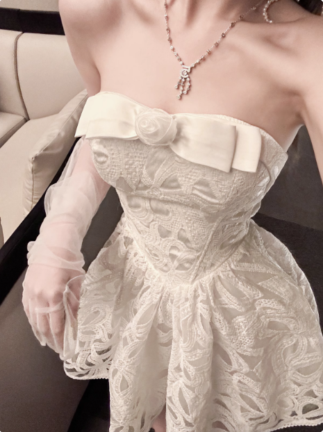White Tube Top Bow Lace Birthday Dress Cute Homecoming Dress Main image