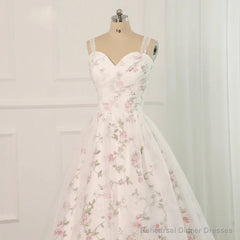 White Tulle and Floral Long Straps Formal Gown Beautiful White Party Dress prom dresses shops