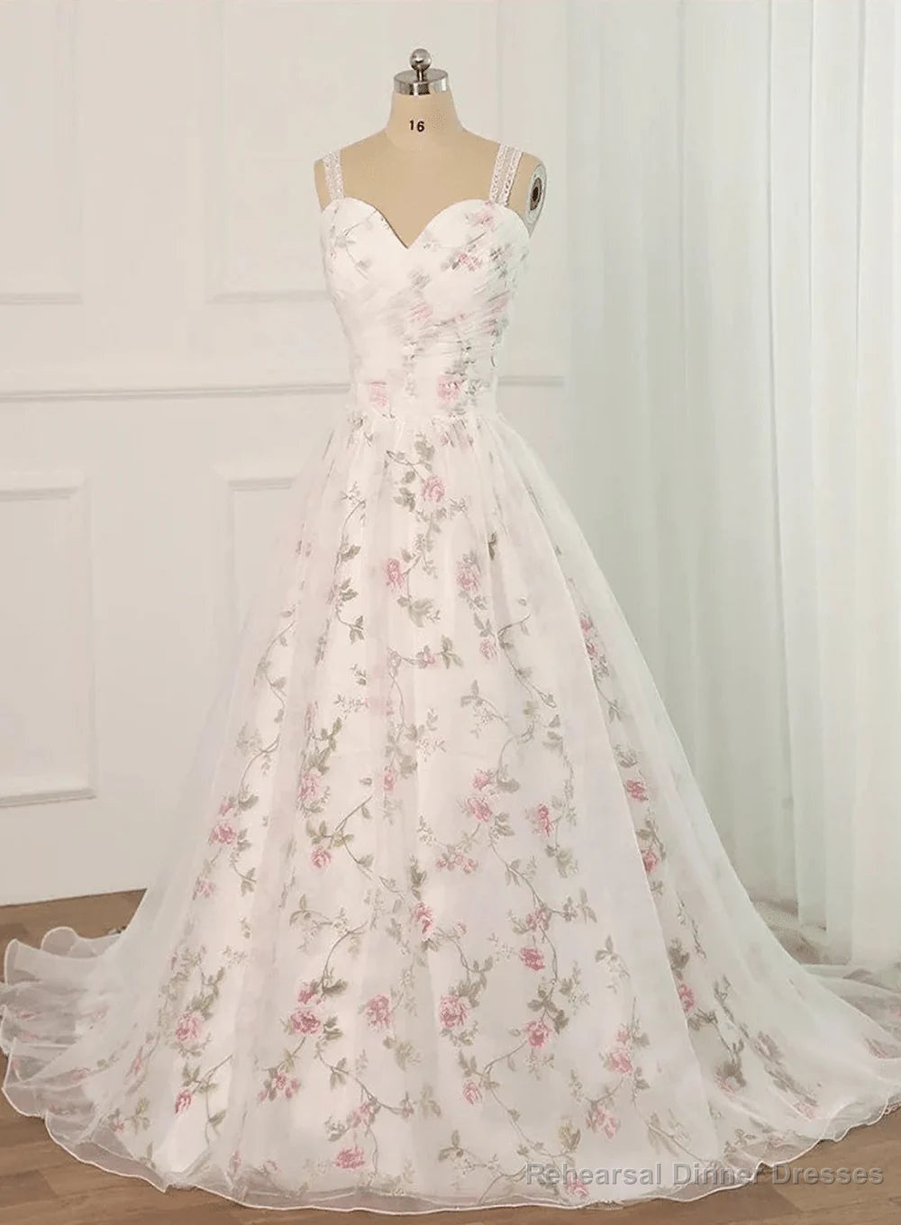 White Tulle and Floral Long Straps Formal Gown Beautiful White Party Dress prom dresses shops Main image