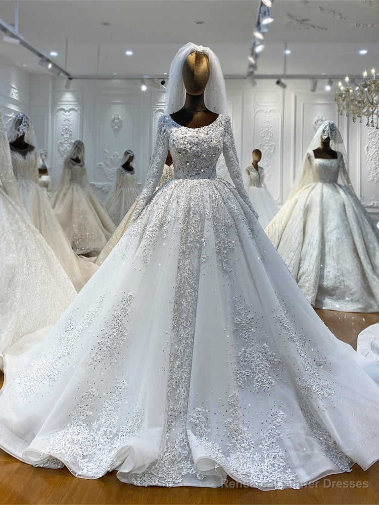 White Tulle Appliques Beading Pearls Wedding Dress Main image