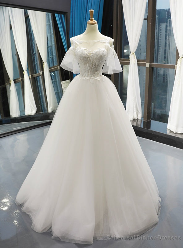 White Tulle Appliques Cold Shoulder Backless Floor Length Wedding Dress Main image