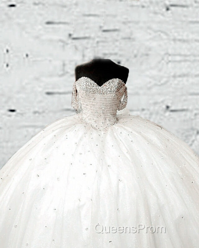 White Tulle Beaded Sweetheart Ball Gown Dress