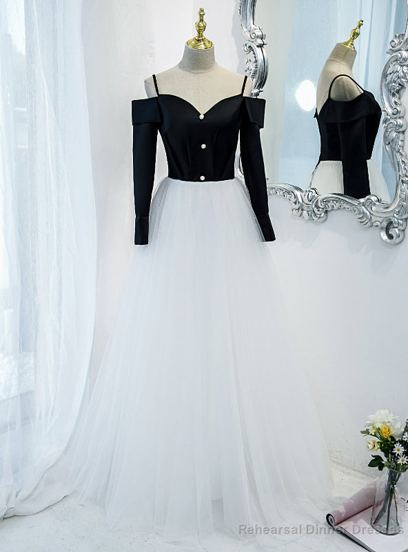 White Tulle Black Top Long Sleeve Spaghetti Straps Prom Dress Main image