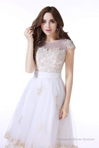White Tulle Champagne Lace Tea Length Sleeveless Wedding Dresses