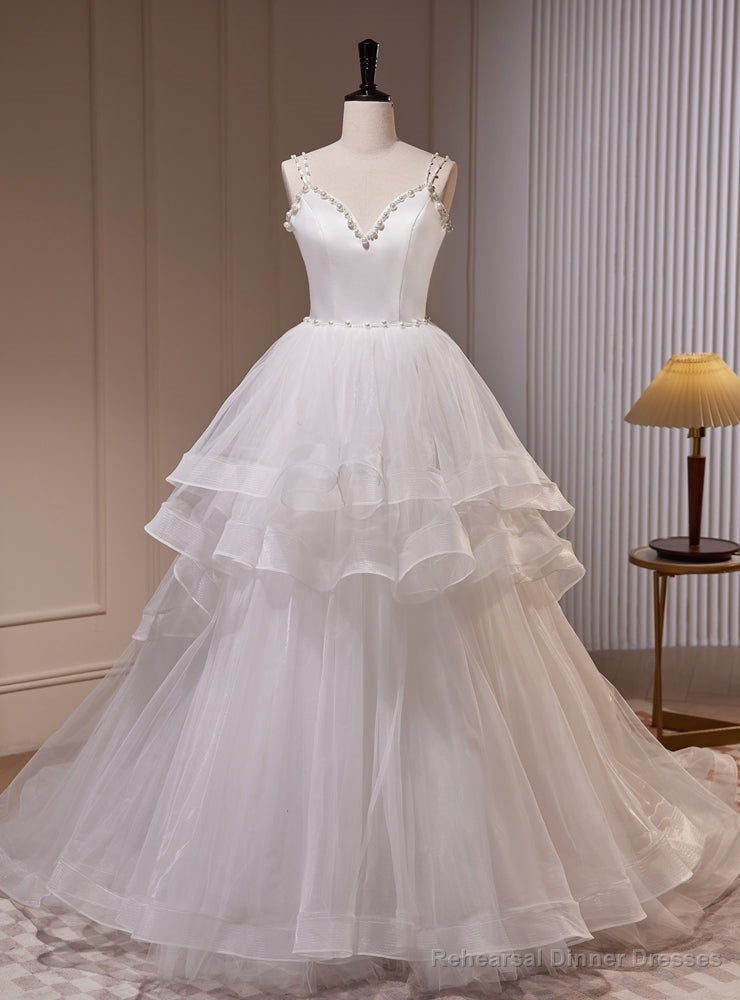 White Tulle Double Straps Pearls Wedding Dress Main image
