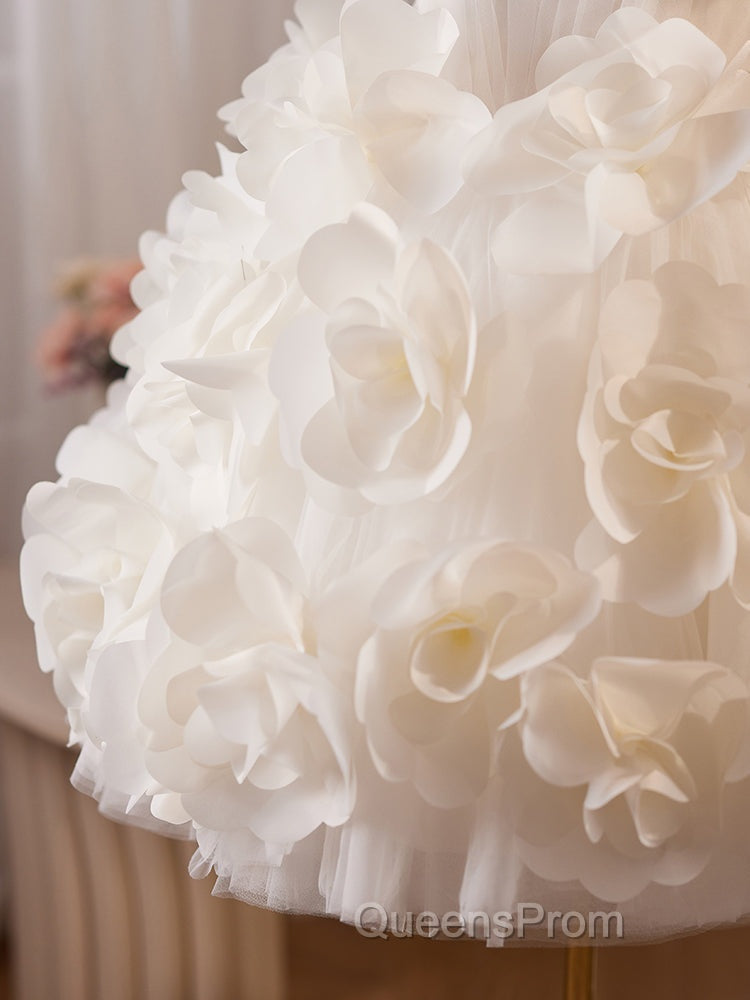 White Tulle Flower Ball Gown Short Evening Prom Dress, Cute Sweet 16 Dress
