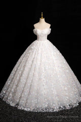 White Tulle Flowers Floor Length Prom Dresses, Beautiful A-Line Backless Sweet 16 Formal Dresses